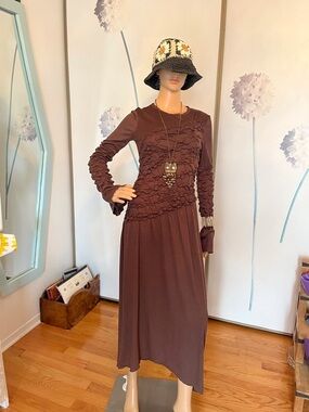 Zara Brown Long Sleeve Ruffle Maxi Dress